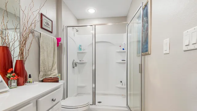 a bathroom with a shower sink vanity and mirror