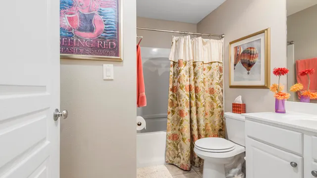 a bathroom with a shower curtain sink and a toilet
