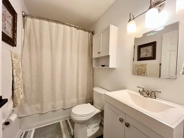 a bathroom with a sink a toilet and shower curtain