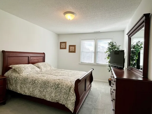 a bedroom with a large bed and a potted plant