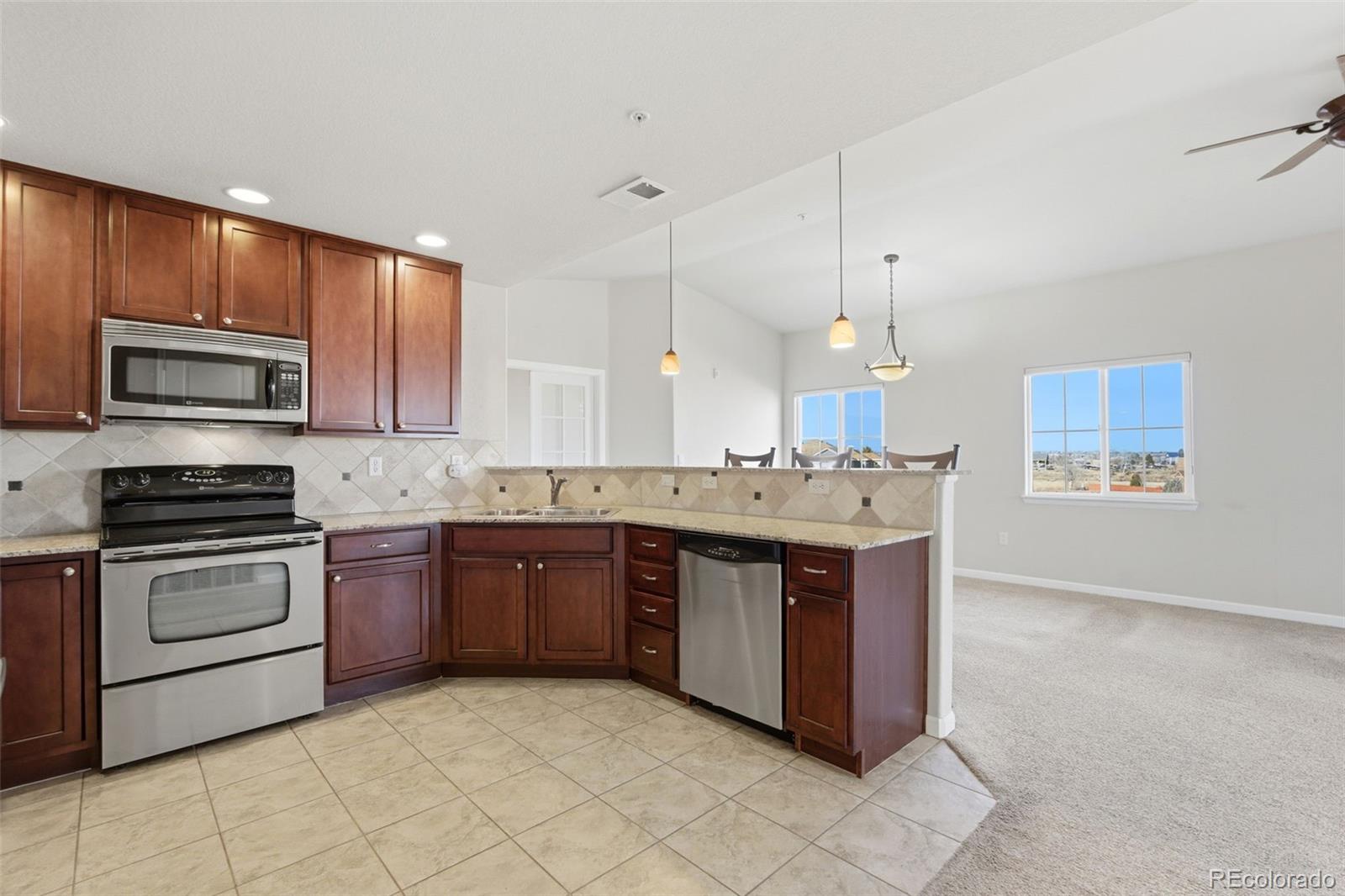 6223 Kilmer Loop, Unit 201 Golden, CO 80403 - Photo 9 of 44 a kitchen with stainless steel appliances granite countertop a stove a sink and a microwave