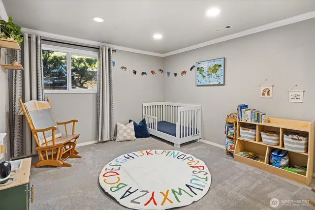 a living room with furniture and a table
