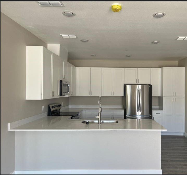 443 Richlands Way Fate, TX 75087 - Photo 12 of 20 Kitchen with white cabinetry, appliances with stainless steel finishes, a peninsula, and light stone counters