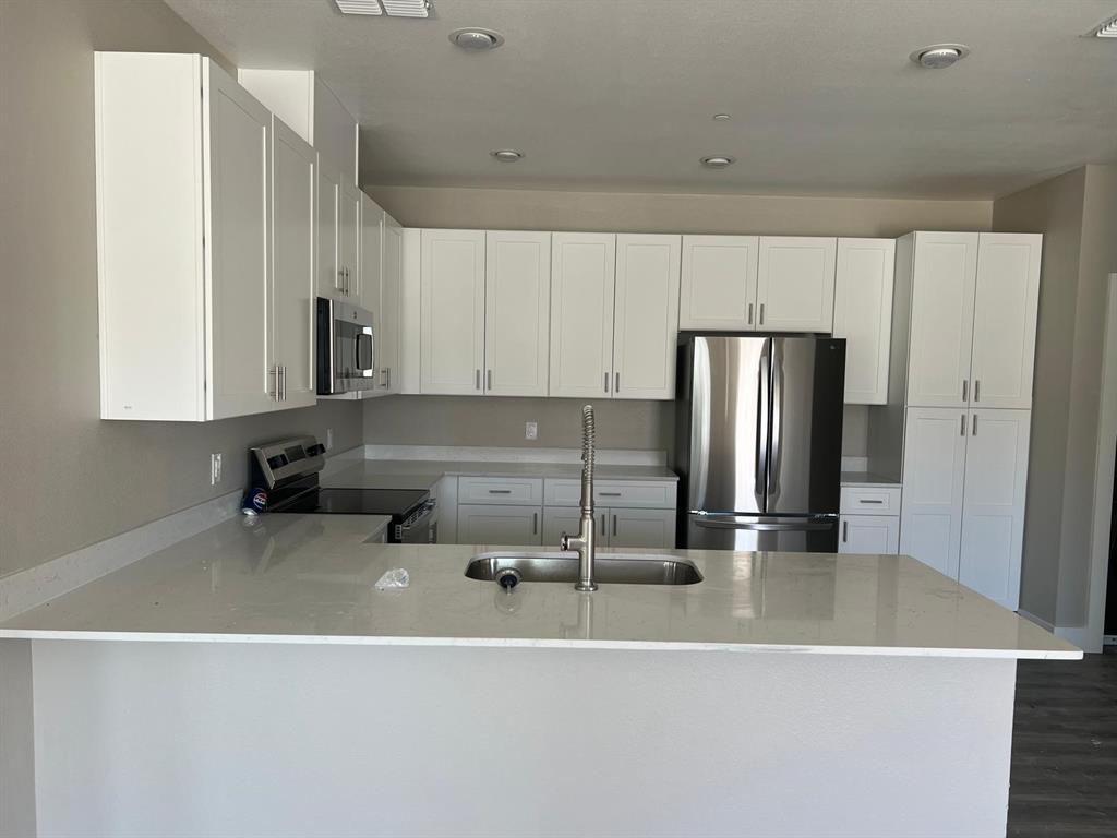443 Richlands Way Fate, TX 75087 - Photo 3 of 20 Kitchen featuring white cabinets, appliances with stainless steel finishes, light stone countertops, a peninsula, and recessed lighting