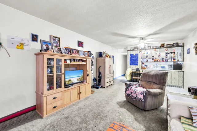 a living room with furniture and wall paintings