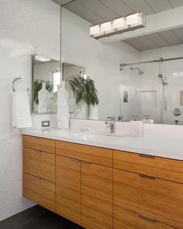 a bathroom with a double vanity sink and a mirror