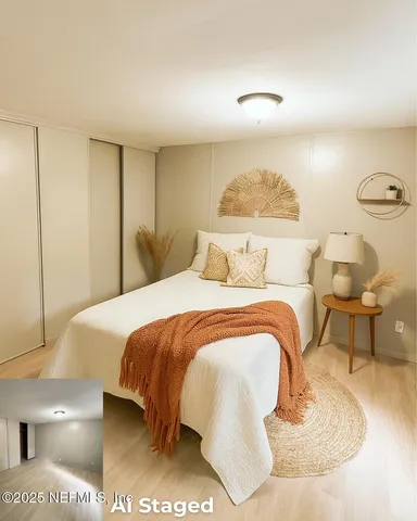 a bedroom with a bed and lamps