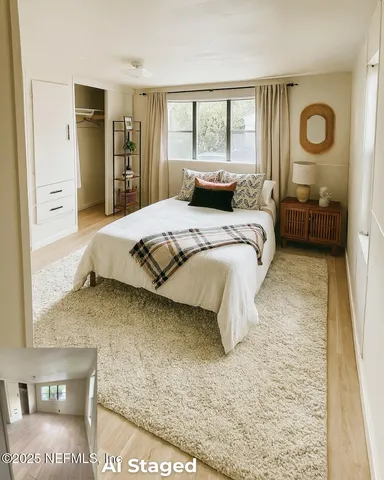 a bedroom with a bed and dresser with mirror