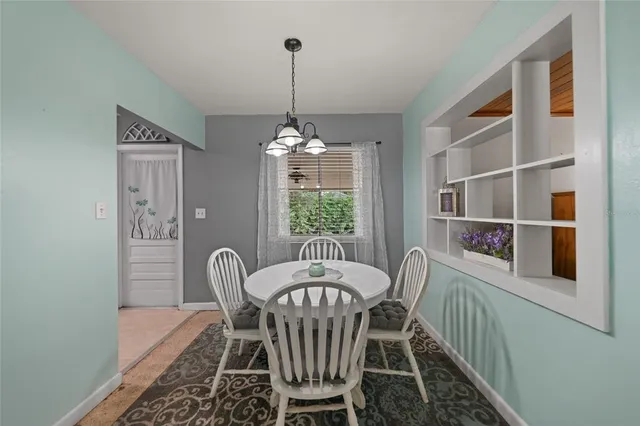 a view of a dining room with furniture window and outside view