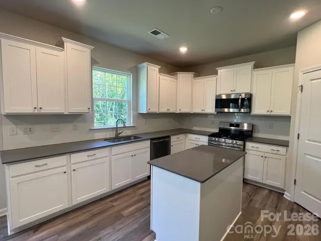 a kitchen with granite countertop white cabinets and stainless steel appliances