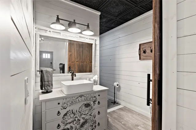 a bathroom with a shower curtain