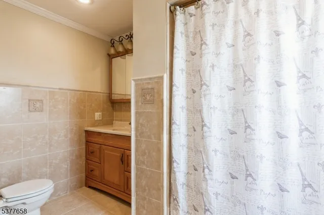 a bathroom with a shower and a toilet