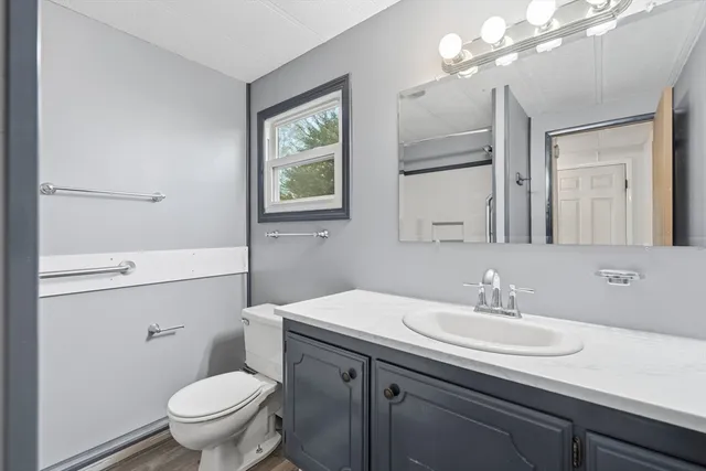 a bathroom with a sink a toilet a mirror and shower