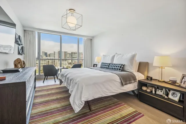 a view of a city from a living room