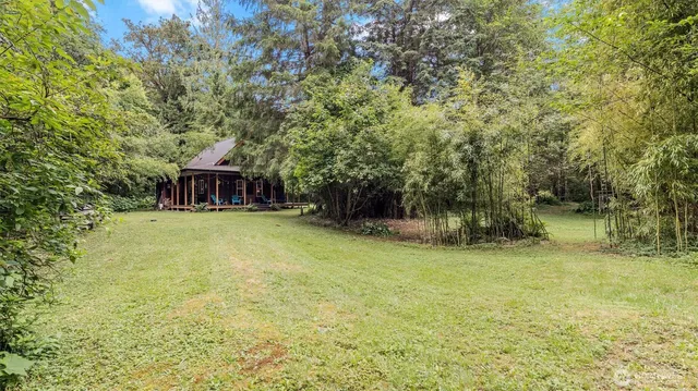 a view of a backyard with table and chairs and potted plants