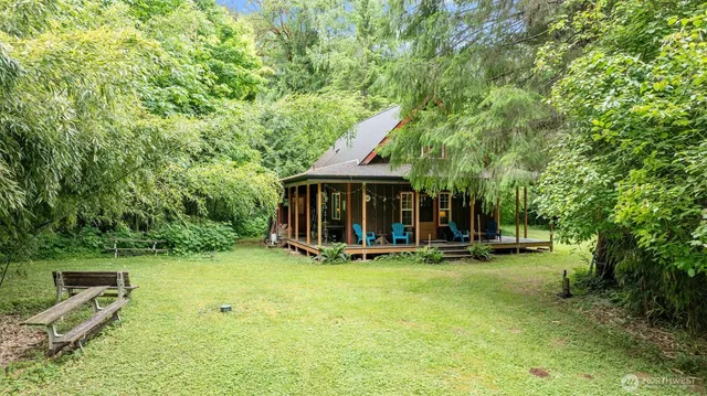 a view of a big yard with plants and large trees