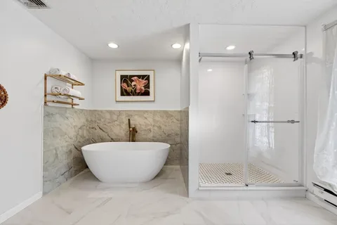 a bathroom with a bathtub and shower