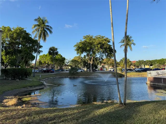 a view of a patio with table and chairs potted plants and palm tree