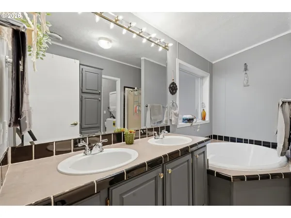 a bathroom with a sink double vanity and a mirror
