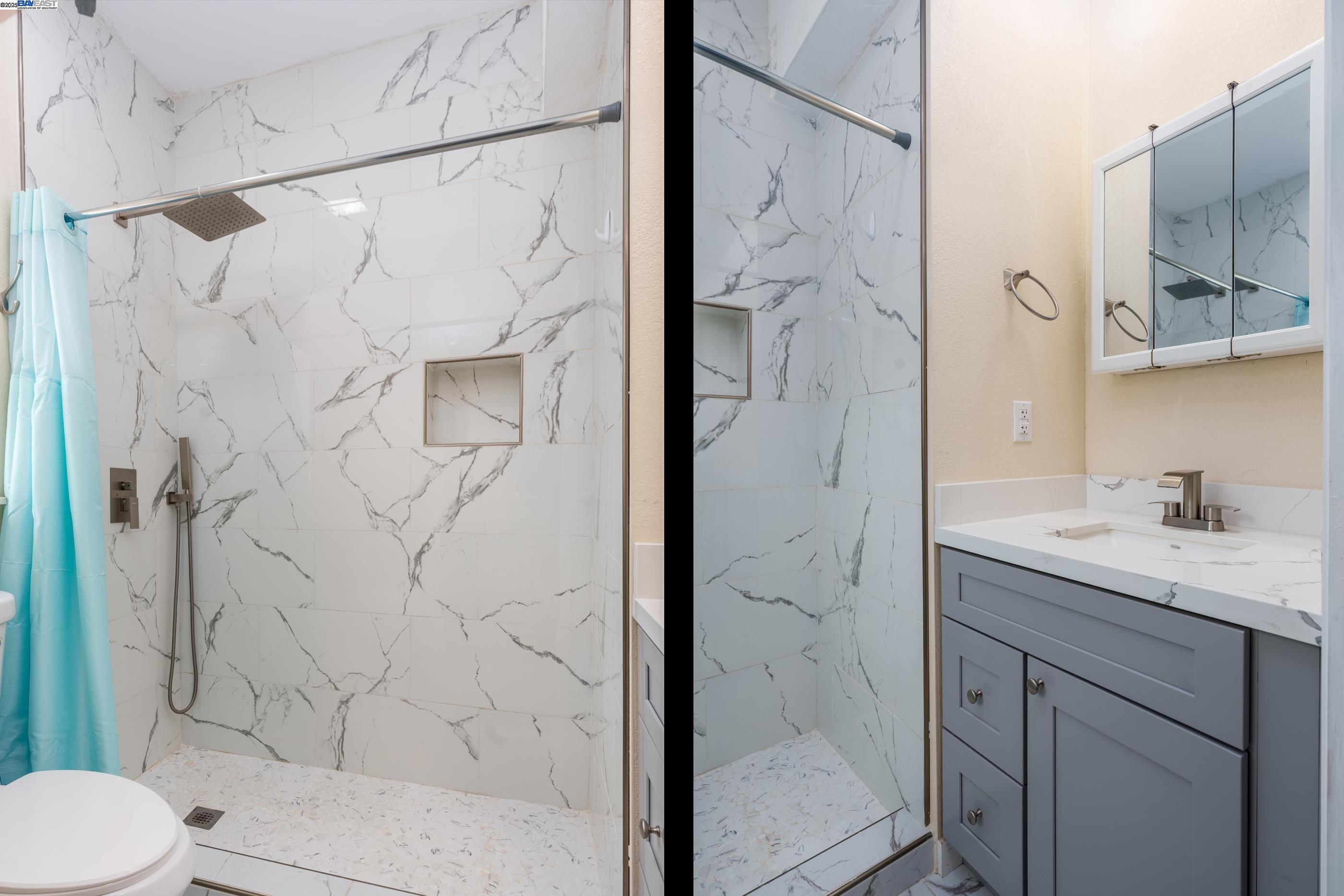 7691 Church Street, Unit B Gilroy, CA 95020 - Photo 20 of 27 a bathroom with a granite countertop sink toilet and shower