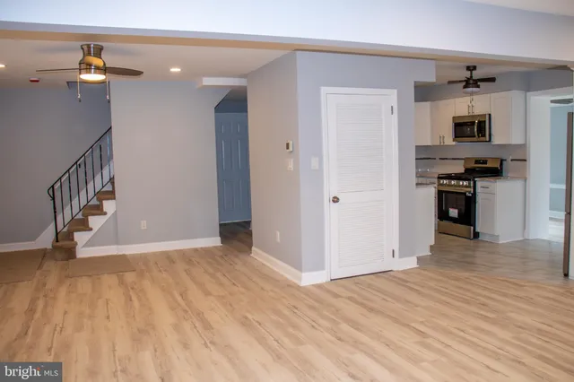a view of a kitchen with wooden floor
