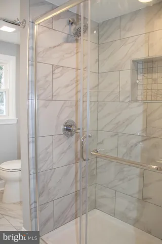 a bathroom with a shower and a toilet