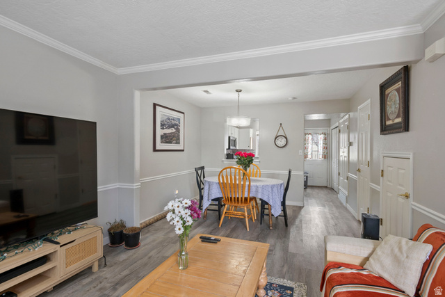 962 Independence Avenue Provo, UT 84604 - Photo 3 of 31 Living room featuring wood finished floors, ornamental molding, and a textured ceiling