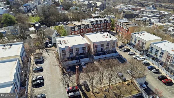 an aerial view of a building with many windows