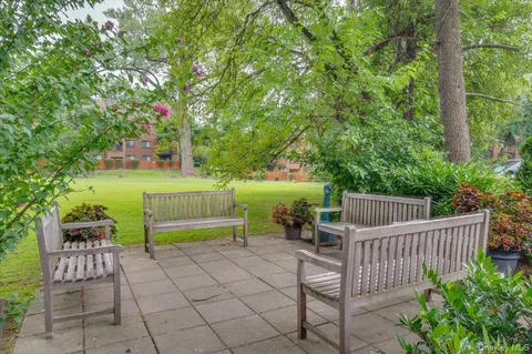 a view of a chair and tables in the garden