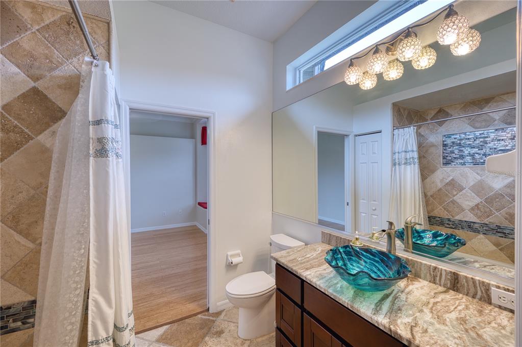 10523 Cheval Place Lakewood Ranch, FL 34202 - Photo 22 of 52 a bathroom with a granite countertop sink a toilet and a shower