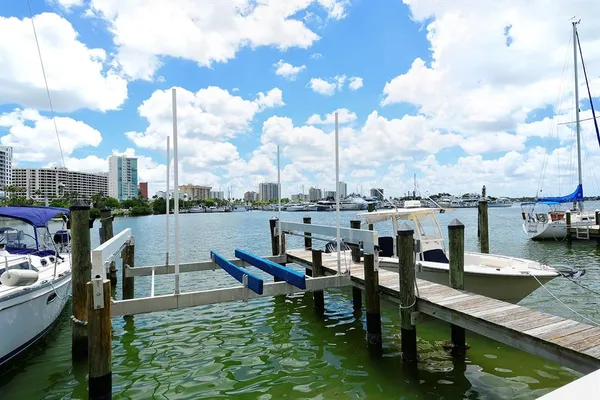 a view of a lake with a sitting area