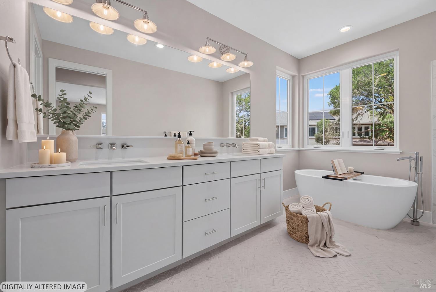 1907 Carlile Place Santa Rosa, CA 95403 - Photo 31 of 55 Look at this gorgeous bathroom (virtually staged) of the upper-level primary suite. This bathroom offers tiled flooring, quartz countertop, soft closing drawers and cabinet doors and a separate soaking tub.