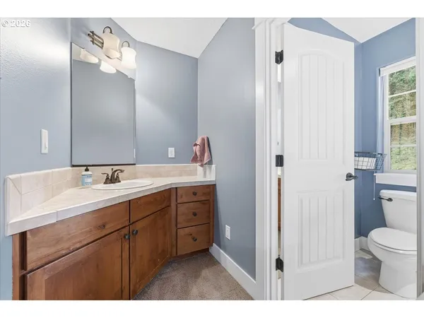 a bathroom with a sink a toilet and a mirror