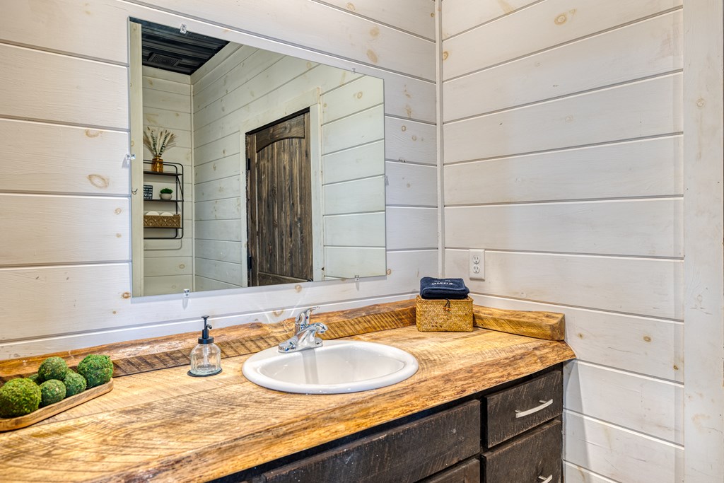 190 Firefly Road Blue Ridge, GA 30513 - Photo 53 of 70 a bathroom with a granite countertop sink and a mirror