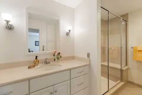 a bathroom with a shower sink and mirror