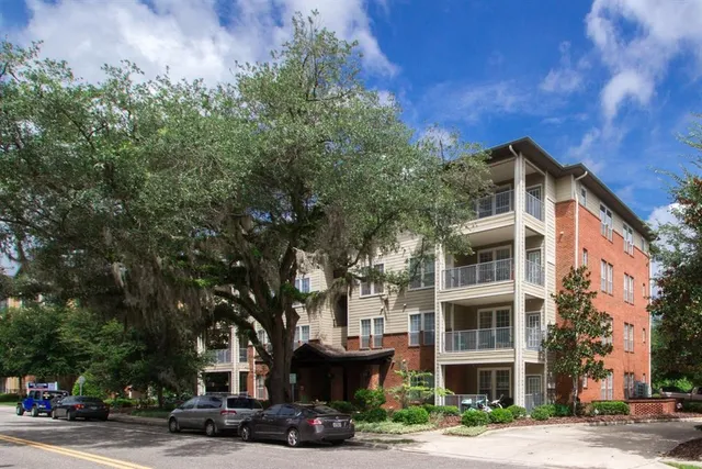 a front view of a building with street view