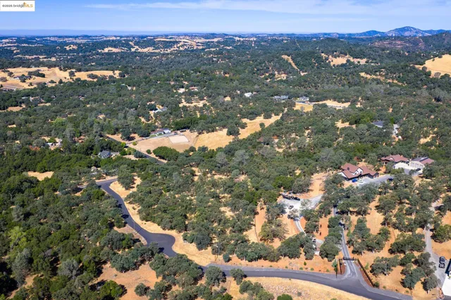 an aerial view of residential houses with outdoor space and trees