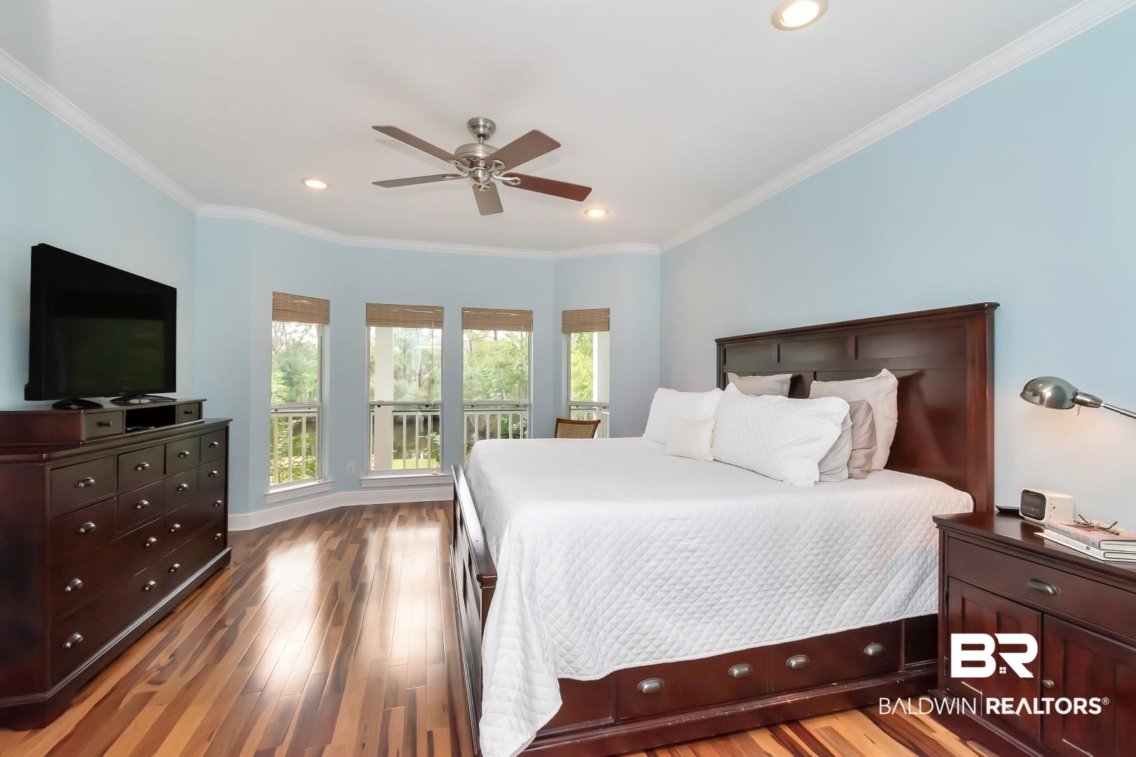 3500 North Riviere Du Chien Loop Mobile, AL 36693 - Photo 21 of 74 Bedroom featuring light hardwood / wood-style floors, ceiling fan, and crown molding