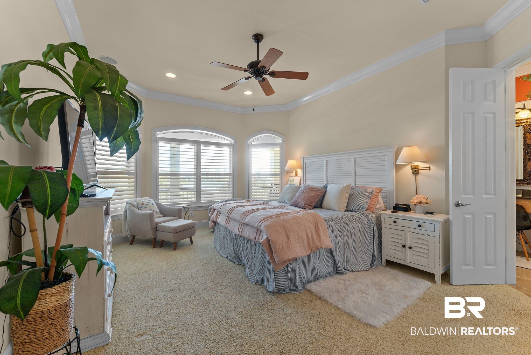 30818 River Road Orange Beach, AL 36561 - Photo 37 of 81 Bedroom with crown molding, light colored carpet, ceiling fan, and recessed lighting
