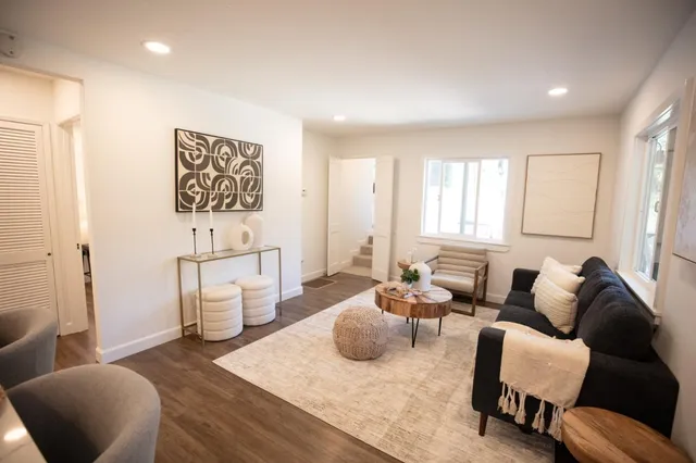 a view of a dining room with furniture