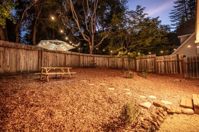 a view of a backyard with plants and wooden fence
