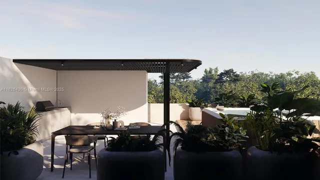 a terrace with outdoor seating and city view