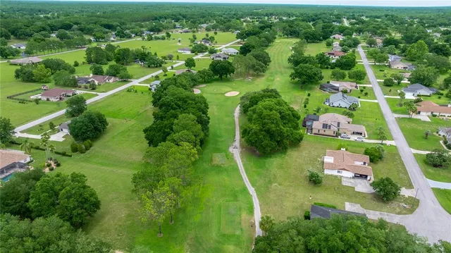 an aerial view of residential houses with outdoor space and trees