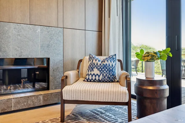 a living room with furniture and a table