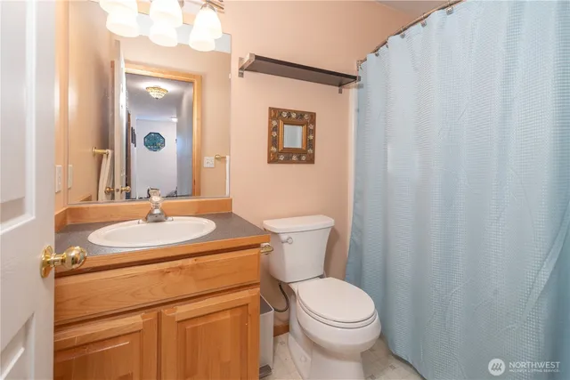 a bathroom with a sink toilet and mirror