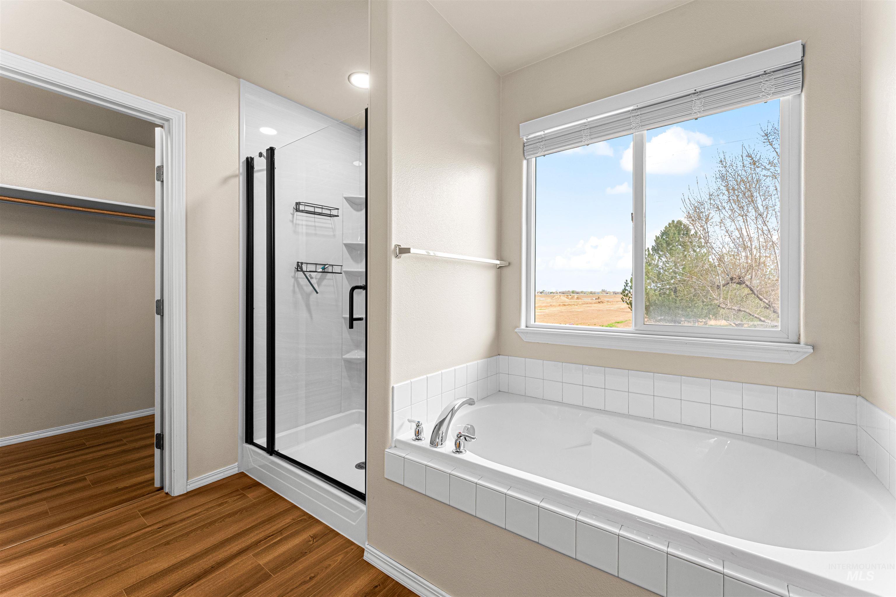 2503 Carnegie Street Caldwell, ID 83607 - Photo 11 of 20 Full bathroom with a stall shower, dark wood-type flooring, a bath, a spacious closet, and recessed lighting