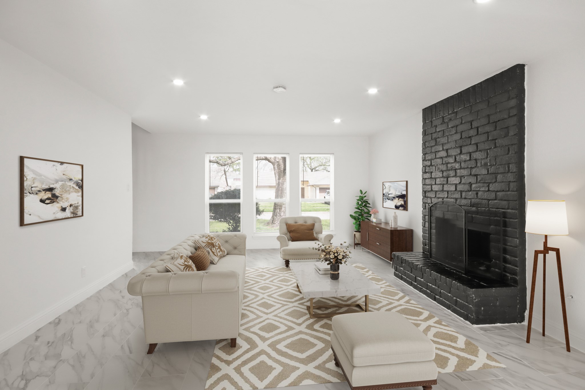 24127 Spring Fork Drive Spring, TX 77373 - Photo 4 of 17 Virtually Staged: An inviting living space anchored by a dramatic black brick fireplace, complemented by recessed lighting and expansive windows that fill the room with natural light.