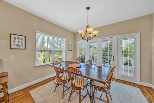 a view of a dining room with furniture wooden floor and chandelier