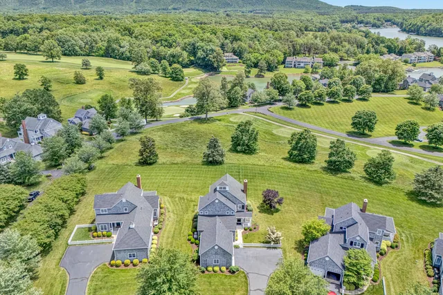 an aerial view of residential houses with outdoor space and lake view