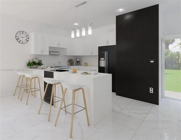 a dining room with kitchen island furniture a chandelier and kitchen view